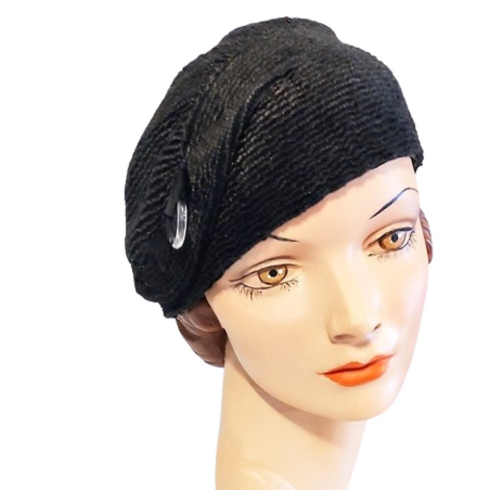 Genuine 1930s Deco True Vintage Black Fabric Side Draped Cloche Hat